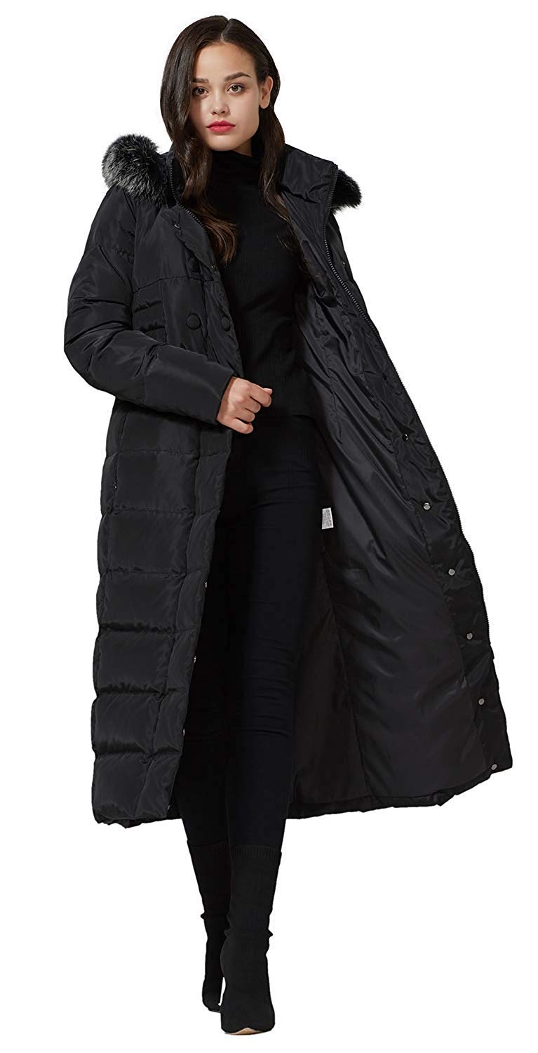 Molodo Women's Long Down Coat with Fur Hood Maxi Down Parka Puffer Jacket Black Small - Image 1